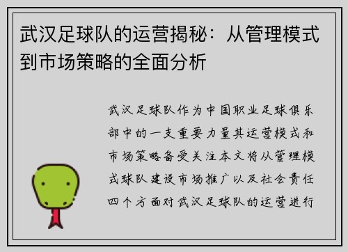 武汉足球队的运营揭秘：从管理模式到市场策略的全面分析